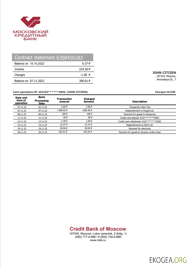 Relevé bancaire de la Banque de crédit de Russie de Moscou